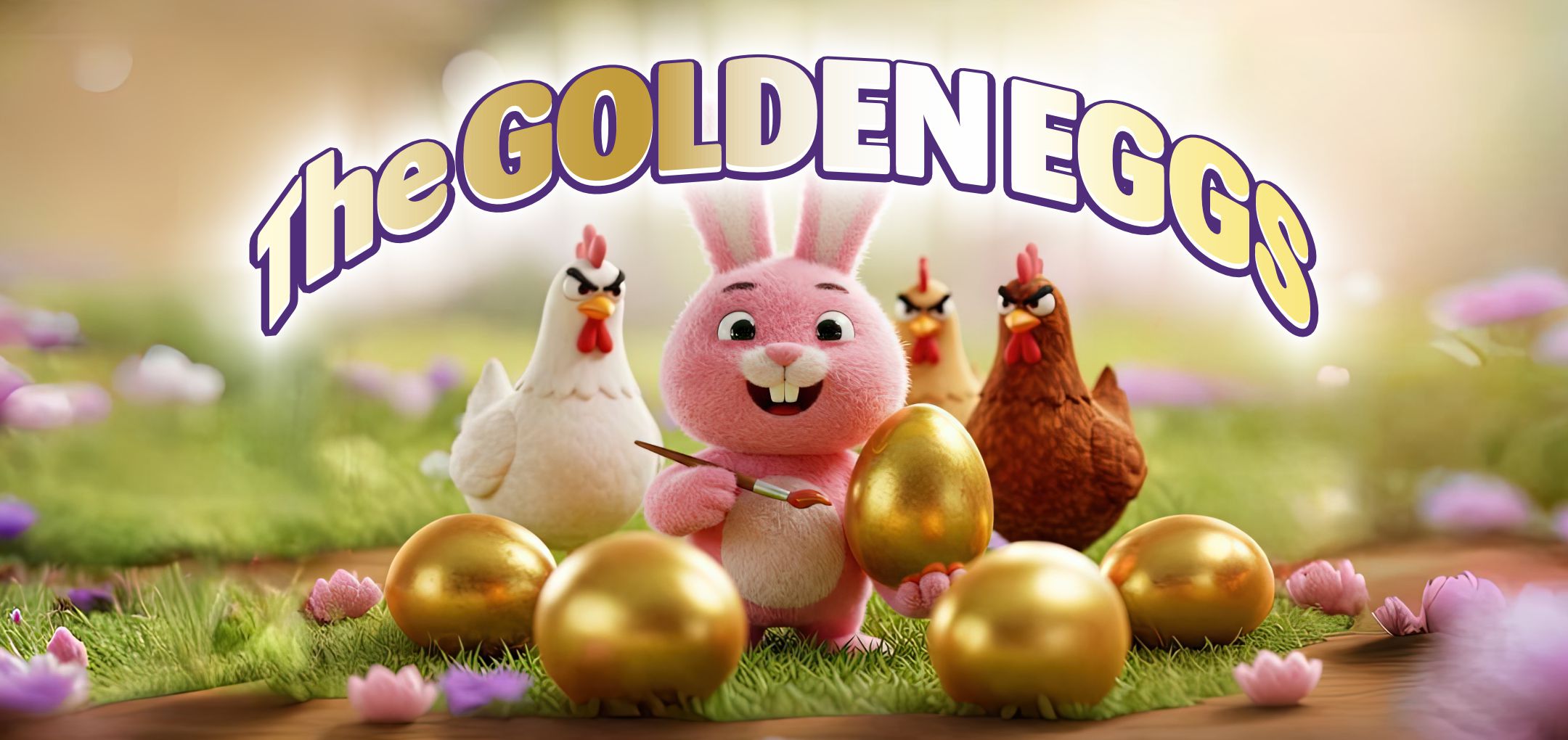 Visuelle Darstellung des Golden Eggs Nail Bar Wettbewerbs. Hase, Hühner und goldene Eier zu Ostern. Osterwettbewerb, Maniküre, Nagelpflege.